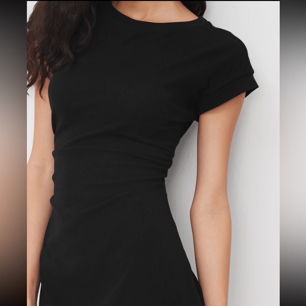 COTTON-BLEND ROUND NECKLINE RUCHED MINI DRESS MEDIUM CIDER - Picture 4 of 6